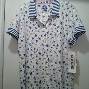 MUK LUKS Cloud Knit Collared Top Blue Floral PJ or Regular Top Size Large NWT